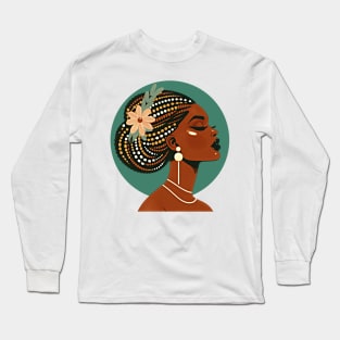 Mid century modern vintage art design of an African woman with braided hair. Long Sleeve T-Shirt